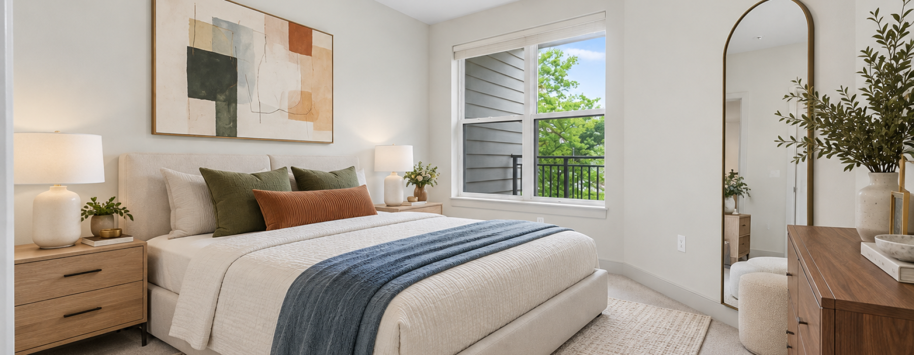Bright bedroom in a Herndon, VA apartment at The Ian, with large windows, a ceiling fan, and room for a king-size bed