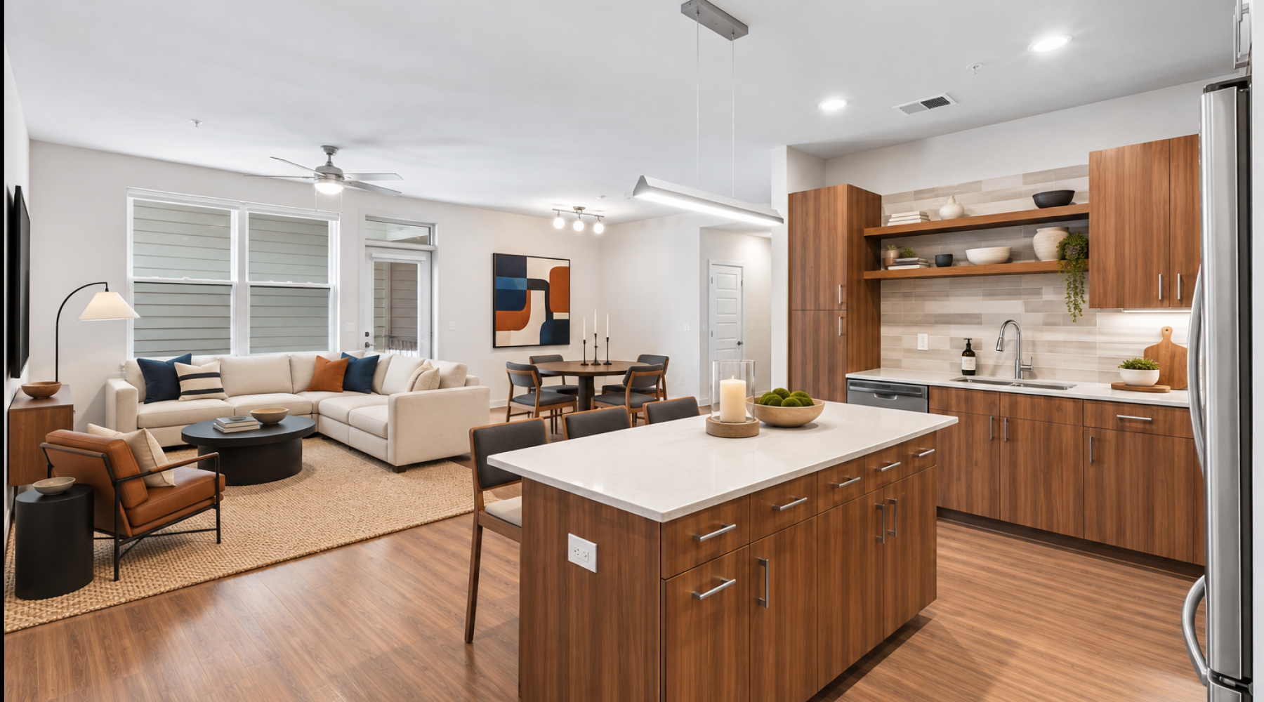 Open kitchen and living area at The Ian apartments in Herndon, VA, with a large island, wood cabinetry, and stainless steel appliances
