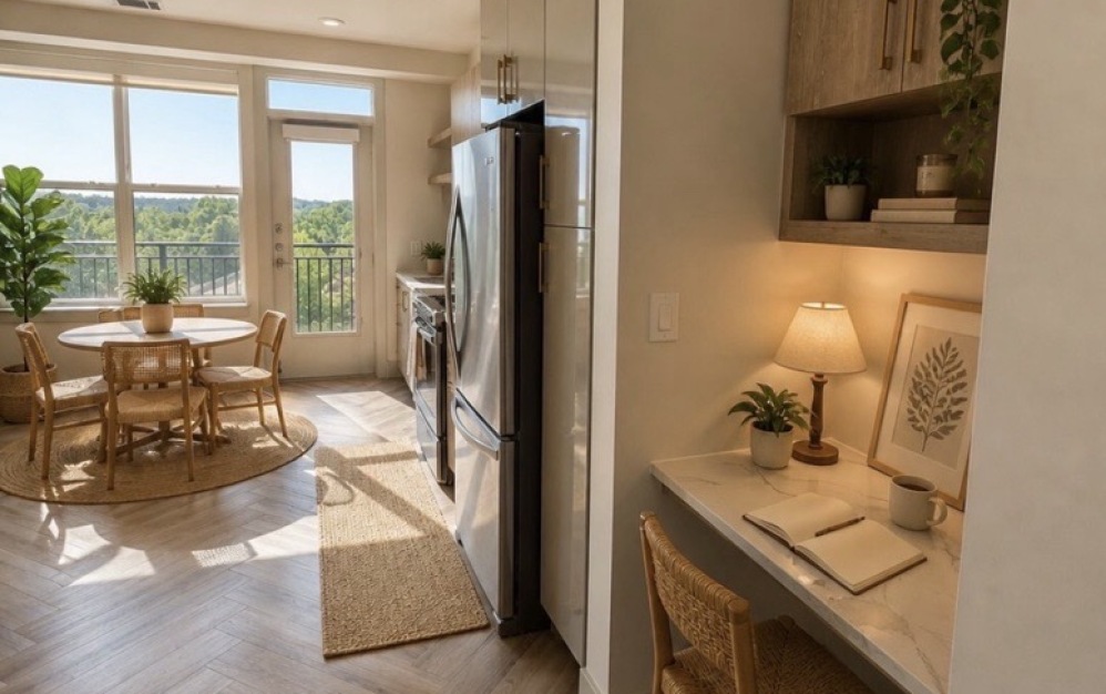 Studio floor plan at The Ian with bright windows, modern finishes, open layout, and luxury apartment amenities in Herndon near Reston